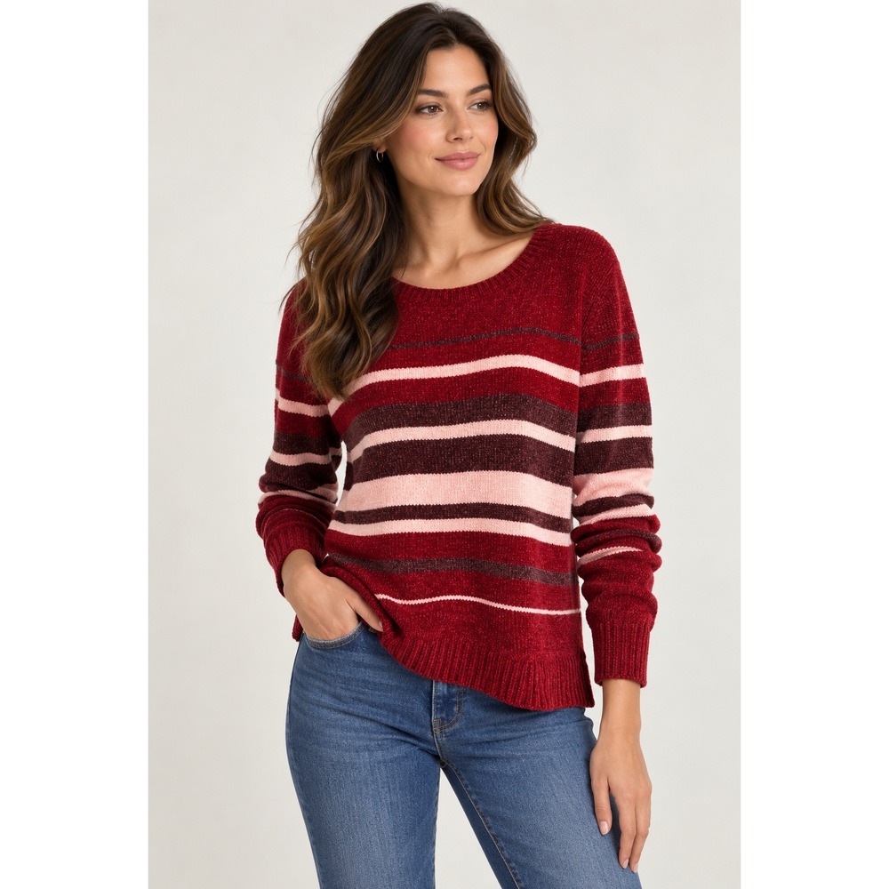 Maison Jules Sweater Red Striped Chenille Cozy Medium Preppy Feminine Medium